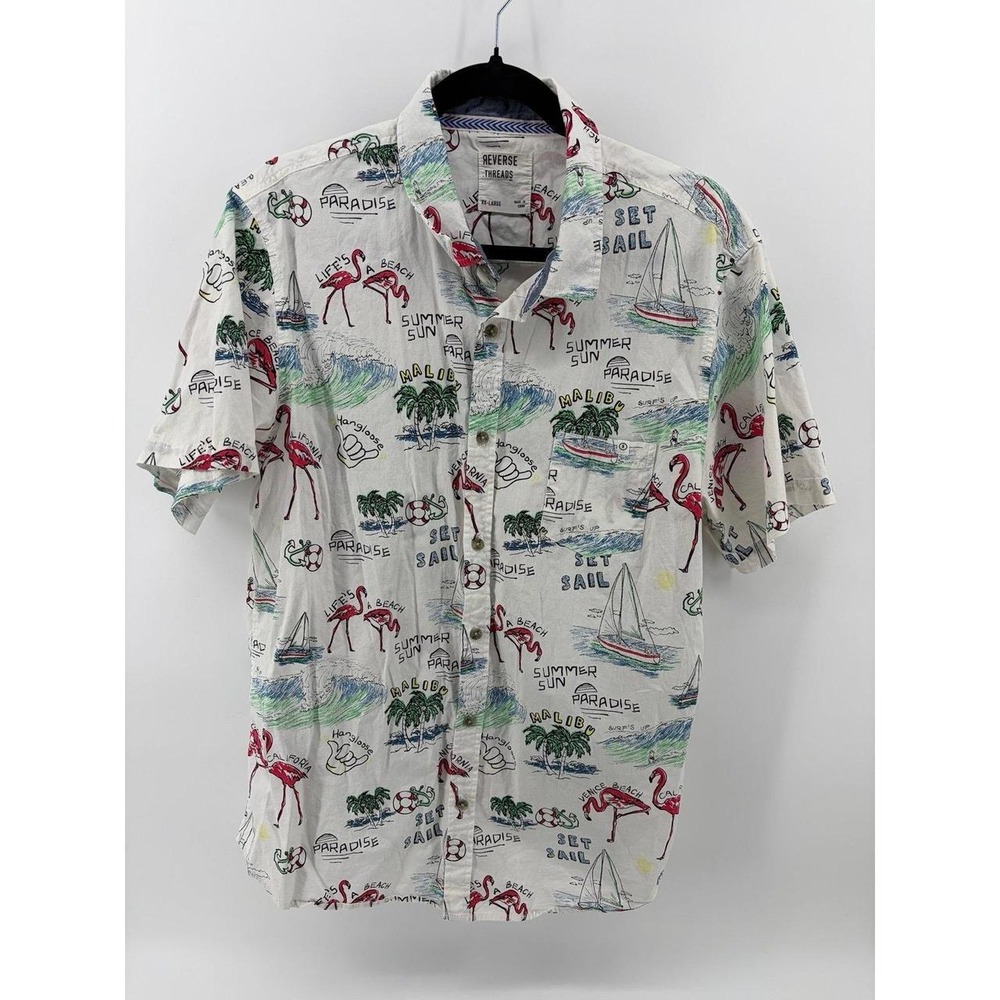 Reverse Threads, Beach Flamingo Button Up Shirt Malibu, Cali, Men's XXL, Pre-Own